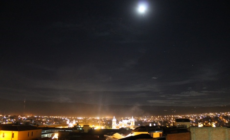 Ayacucho at night. You can make out the incense wafting in front of the cathedral